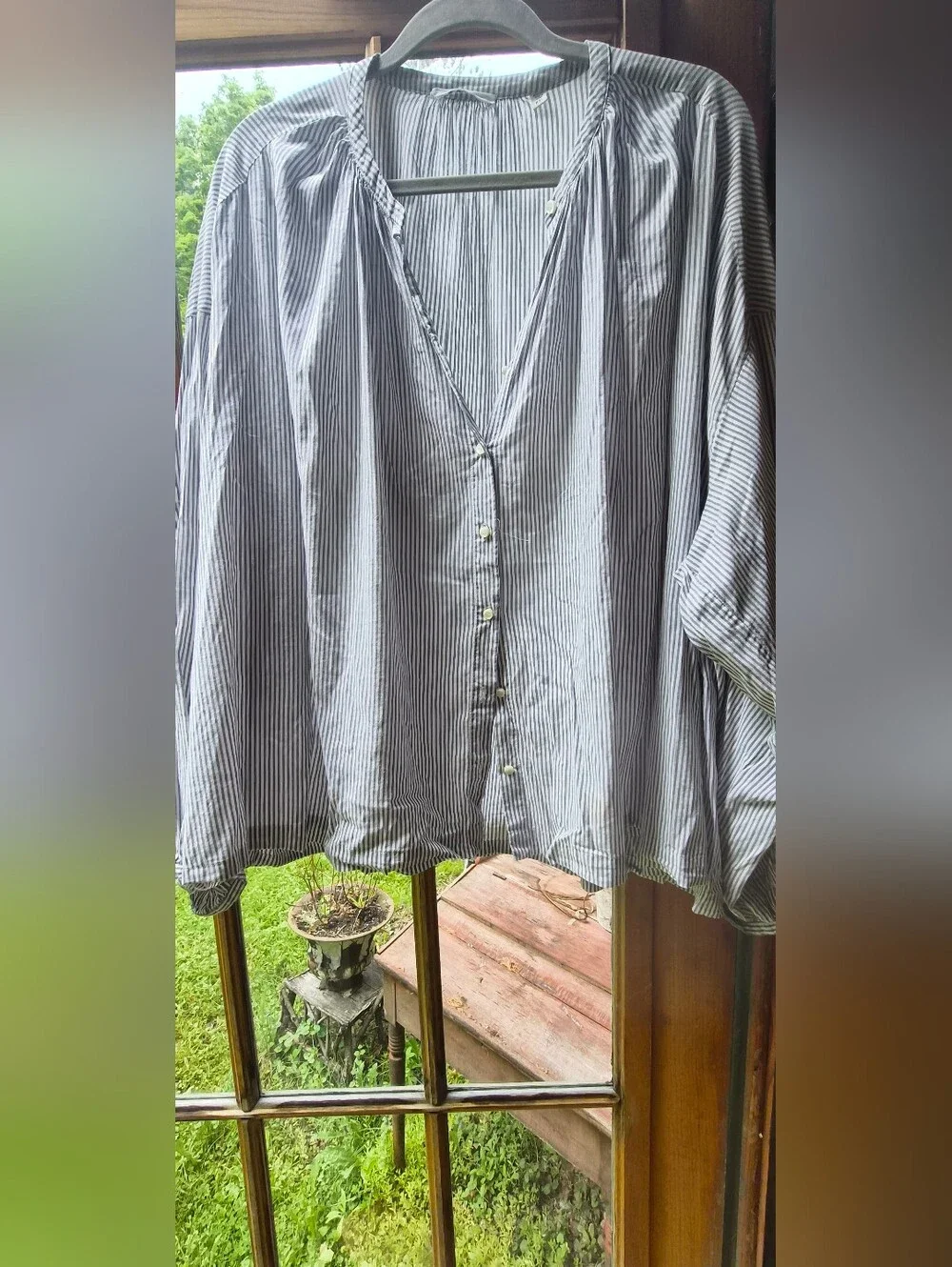 DÔEN Jonie Grey Stripe Cotton Gauze Peasant Blouse XXL Prairie Top - Picture 1 of 6